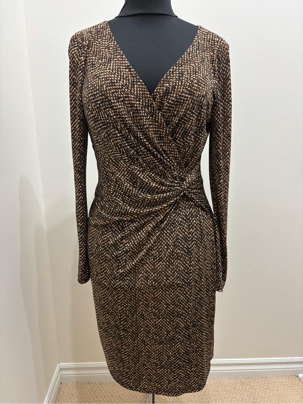 Ralph Lauren Brown and Cream Patterned Long Sleeve Faux Wrap Dress
